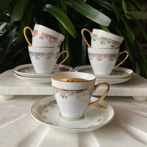Vintage Set of 5 JSK Czechoslovakia Pastel Gilded Gold Mixmatch Teacup + Saucers